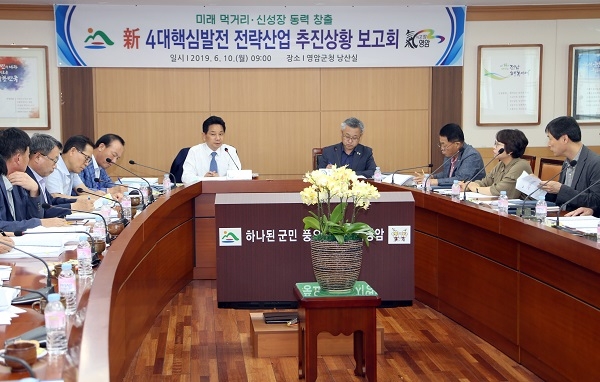 ▲전동평 영암군수는 新4대핵심발전 전략산업 추진상황 보고회를 갖고 있다.(사진제공=영암군)