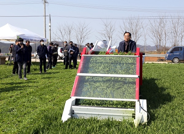 ▲영광군은 지난 17일 군서면 일원에서 ‘새싹보리 전용 수확기 최종 평가회’를 가졌다.(사진제공=영광군)