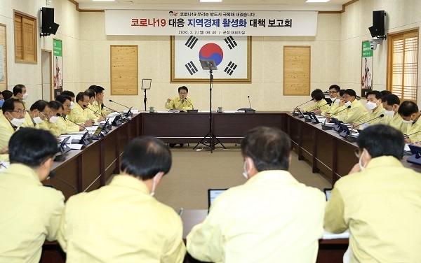 ▲이승옥 군수 주재로 열린 코로나19 지역경제활성화 대응대책보고회를 개최했다.(사진제공=강진군)