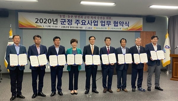 ▲고흥군은 지난 7일 NH농협은행 고흥군지부, 고흥축산농협 및 7개 지역 농협과 군정 주요 사업 및 농정분야 업무 추진을 위한 협약을 체결했다.(사진제공=고흥군)