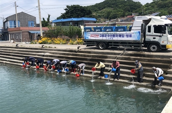▲고흥군은 지난 27일 영남면 사도항에서 감성돔 치어 14만 마리를 방류했다.(사진제공=고흥군)
