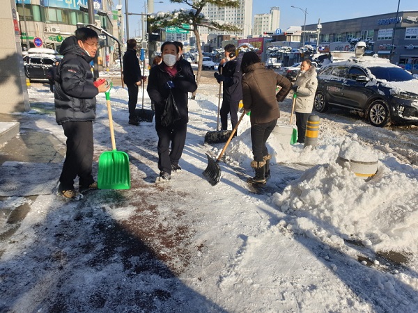 ▲영광군은 31일 대설경보 발효로 대설로 인한 주민의 통행불편 해소를 위해 전체 공직자들이 시가지 눈 치우기 작업에 나섰다.(사진제공=영광군)
