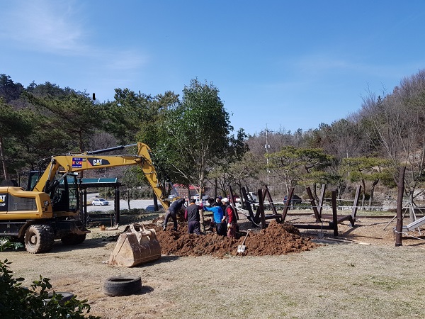 ▲물맞이공원 가시나무 굴취 보식작업 모습(사진제공=무안군)