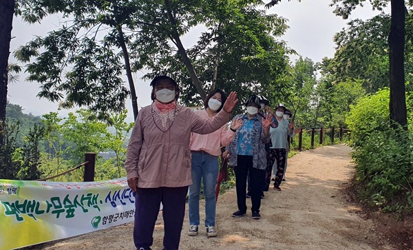 ▲대상자들이 힐링숲 산책을 하며 프로그램에 참여하고 있다.(사진제공=함평군)