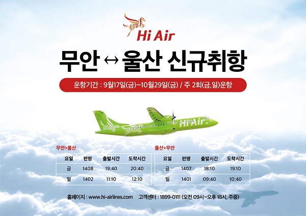 ▲무안군은 하이글로벌그룹의 소형항공사 하이에어가 17일 무안~울산 노선 운항을 시작한다.(사진제공=무안군)