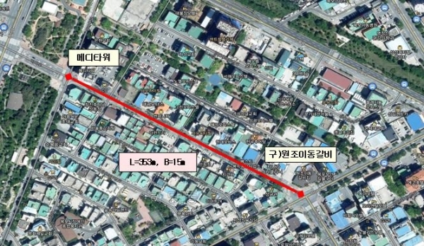 ▲상동 메디타워_구)원조이동갈비 구간 차로 확장 위치도(사진제공=목포시)