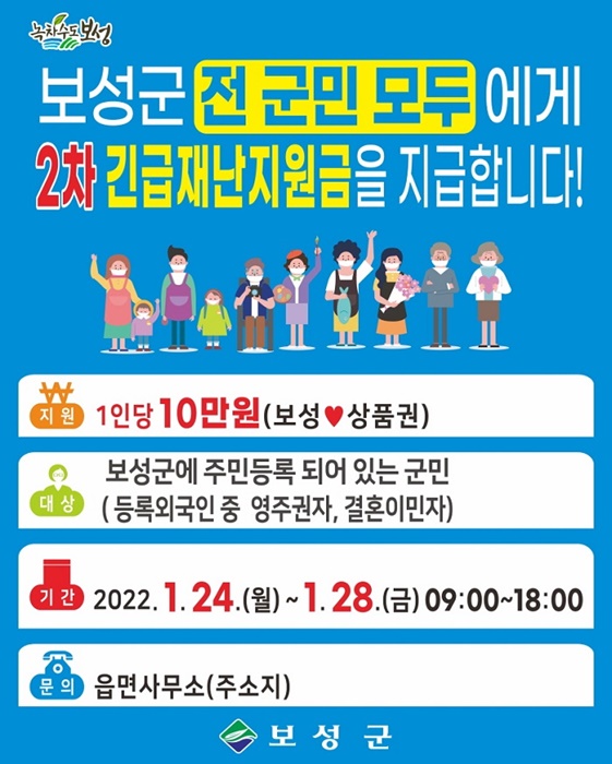 ▲보성군이 오는 24일부터 제2차 긴급재난지원금를 군민 1인당 10만원씩 보성사랑상품권으로 지급한다.(사진제공=보성군)