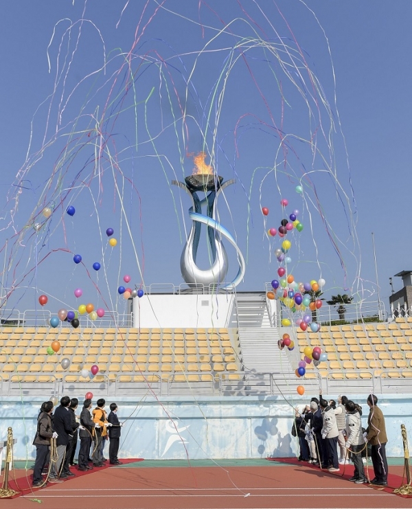 ▲시험점화된 전남체전 성화대(사진제공=순천시)