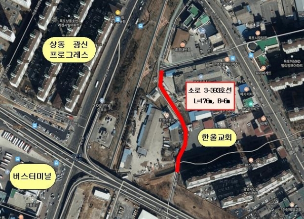 ▲목포시가 하당동의 한울교회 정문~구)홍콩대반점 삼거리 도로에 대해 확장 공사를 추진한다.(사진제공=목포시)