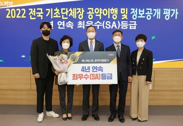 ▲해남군이 2022 민선7기 전국 기초단체장 공약이행 및 정보공개평가에서 4년 연속 최고등급인‘최우수(SA)’를 획득했다.(사진제공=해남군)