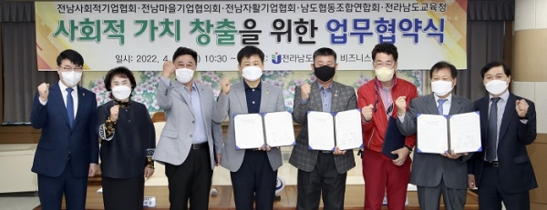 ▲전라남도교육청과 전남사회적기업협회, 전남마을기업협의회, 전남자활기업협회, 남도협동조합연합회는 15일 전라남도교육청 5층 비즈니스실에서 상호 협력을 위한 업무협약을 체결했다.(사진제공=전라남도교육청)