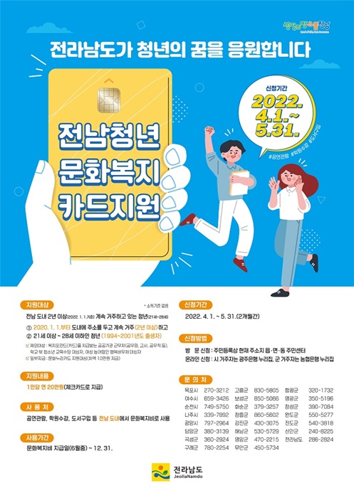 ▲구례군은 ‘전남청년 문화복지카드’신청기한을 4월 말에서 5월 말까지 1개월 연장한다.(사진제공=구례군)