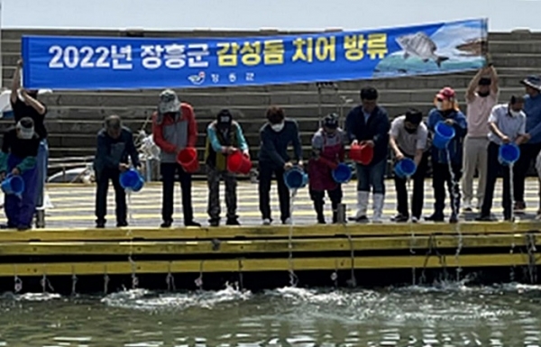 ▲장흥군은 지난 20일 대덕읍 외 2개소에 감성돔 치어 20만 마리를 방류했다.(사진제공=장흥군)