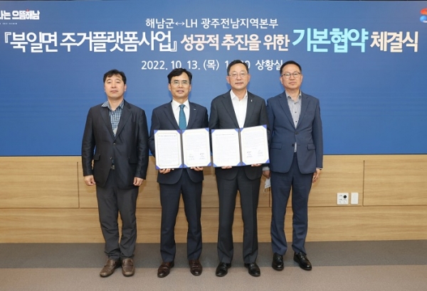 ▲해남군은 13일 한국토지공사(LH) 광주전남지역본부와 북일면 주거플랫폼 사업의 성공적인 추진을 위한 기본협약을 체결했다.(사진제공=해남군)
