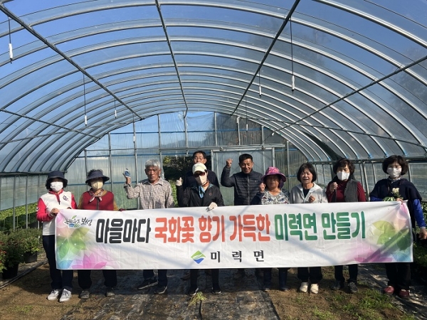 ▲보성군 미력면 주민자치위원회는 지난 18일 면 청사 주변, 소재지 기관 및 마을경로당 등에 국화꽃 화분 400여 개를 비치해 가을 분위기로 지역을 단장했다.(사진제공=보성군)