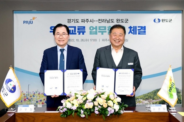 ▲완도군은 지난 26일 경기도 파주시와 상호 발전을 위한 우호 교류 업무 협약을 체결했다.(사진제공=완도군)
