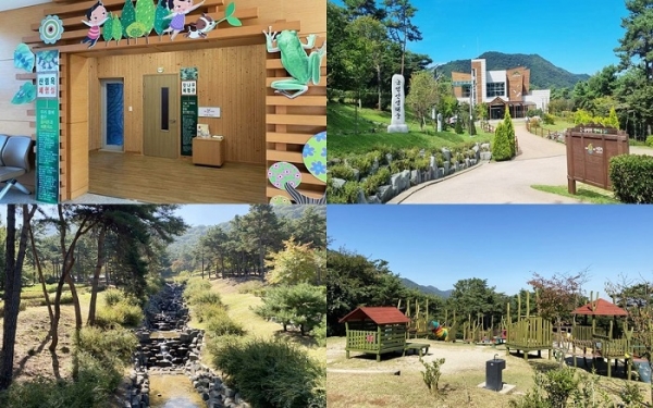 ▲금성산 생태숲(시계방향으로 산림욕 체험공간, 생태숲 입구, 숲속 놀이터, 숲속 계곡.사진제공=나주시)