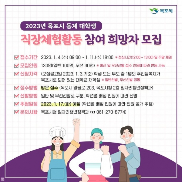 ▲목포시가 대학교 겨울방학 기간인 오는 25일부터 2월 21일까지 대학생 직장체험활동 지원사업을 운영한다.(사진제공=목포시)