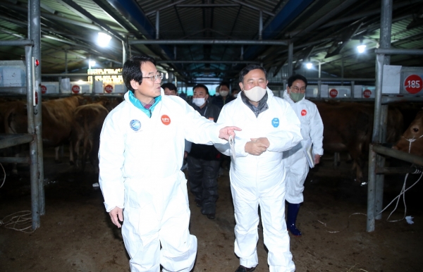 ▲9일 새벽 강진원 강진군수가 설맞이 대목장을 방문하여 한우농가 격려와 의견을 청취하고 있다.(사진제공=강진군)