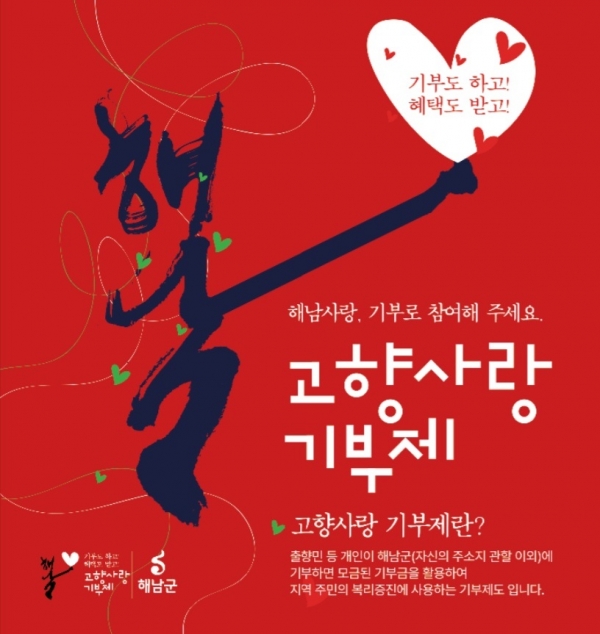 ▲해남군이 지난 22일 기준 고향사랑기부제 기부금 1억원을 돌파했다.(사진제공=해남군)