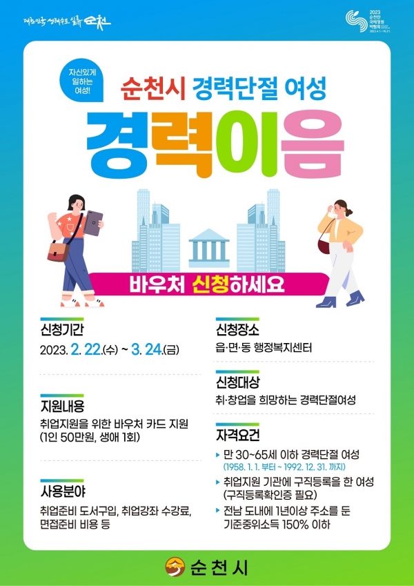 ▲순천시 경력이음바우처 지원사업 신청자 모집 홍보 포스터(사진제공=순천시)