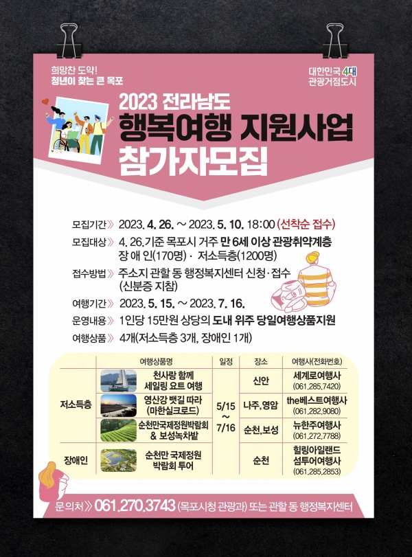 ▲취약계층을 위한 전남 행복여행 참가자를 오는 10일까지 접수한다.(사진제공=목포시)