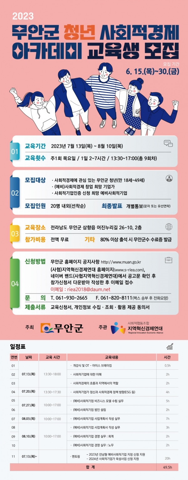 ▲2023년 무안군 청년사회적경제 아카데미 교육생 모집 포스터(사진제공=무안군)