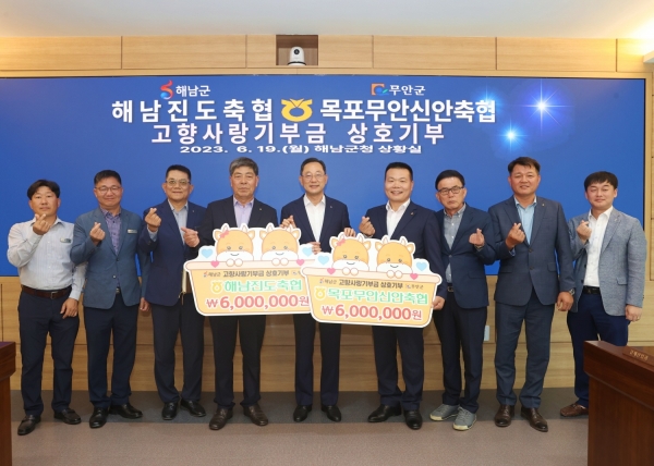 ▲해남진도축협과 목포무안신안축협은 고향사랑기부제 활성화를 위해 각 조합 임직원 50명이 십시일반 모은 고향사랑기부금 600만원씩을 상호지역에 기부했다.(사진제공=해남군)