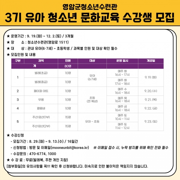 ▲3기 유아 청소년문화교육 수강생 모집(사진제공=영암군)