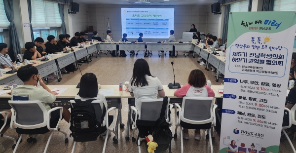 ▲‘제5기 전남학생의회 하반기 권역별 협의회’에서 학생들이 교육정책 제안안에 대해 토론하고 있다.(사진제공=전라남도교육청)