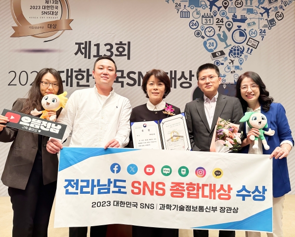 ▲전라남도가 ‘2023 대한민국 SNS 대상’에서 최고상인 ‘종합대상(과학기술정보통신부 장관상)’을 수상했다.(사진제공=전라남도)