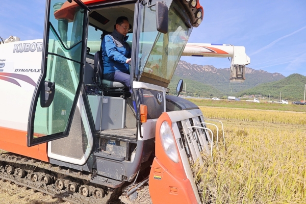 ▲해남군이 논물관리 기술을 통해 재배된 저탄소 쌀을 본격 수확하고 있다.(사진제공=해남군)