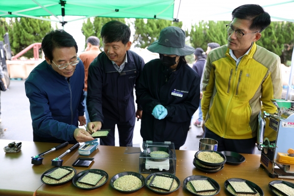 ▲강진원 강진군수가 도정된 햅쌀을 보며 관계자들과 공공비축미에 대한 이야기를 나누고 있다.(사진제공=강진군)