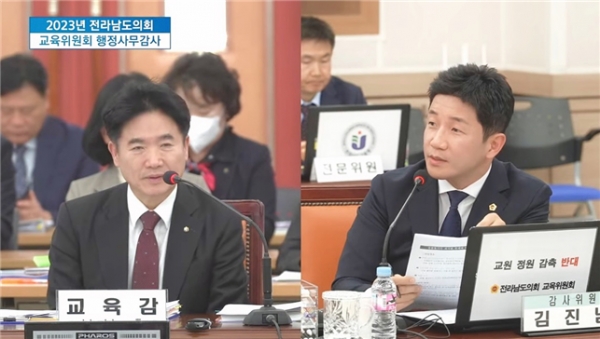 ▲김진남 의원이 전라남도교육청 대상 행정사무감사에서 질의하고 있다.(사진제공=전라남도의회)