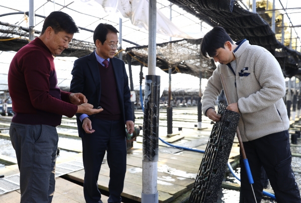 ▲강진원 강진군수가 지난 5일 마량면 전복 치패양식장을 방문했다.(사진제공=강진군)