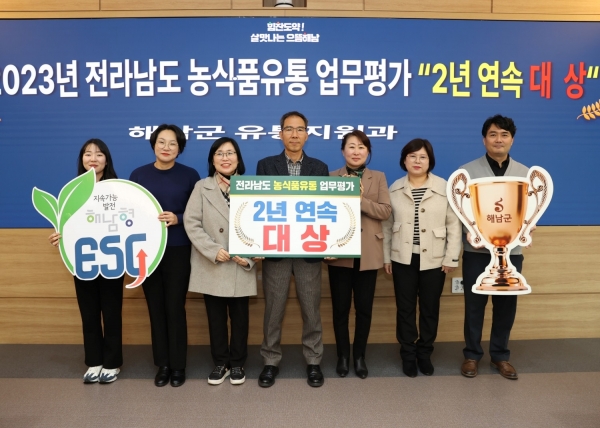 ▲해남군이 2023년 전라남도 농식품유통 업무 평가에서 지난해에 이어 2년 연속대상을 수상했다.(사진제공=해남군)