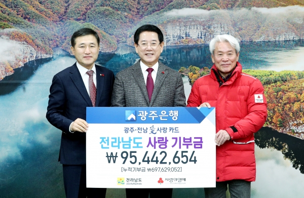 ▲김영록 전라남도지사가 28일 도청 접견실에서 광주은행 고병일 행장으로부터 광주·전남愛 사랑카드 성금 9천500만 원과 치매노인 실종예방 배회감지기 지원금 8천800만 원을 전달받고 있다.(사진제공=전라남도)