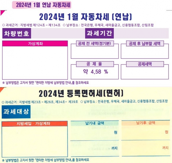 ▲광산구가 생활밀착형 정책으로 도입한 ‘읽기 쉬운 큰 글씨’를 적용한 2024년 자동차세 연납고지서(위)와 1월 정기분 등록면허세 고지서(아래).(사진제공=광산구)