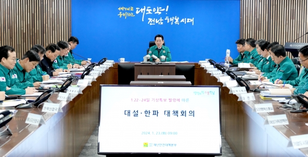 ▲김영록 전라남도지사가 23일 오전 도청 재난종합상황실에서 실국장과 영상으로 연결된 시군 부군수들이 참석한 가운데 대설·한파 대책회의를 주재하고 있다.(사진제공=전라남도)