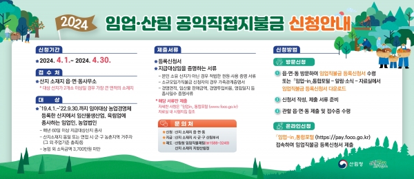 ▲진도군이 2024년 임업‧산림 공익직접지불금(임업직불금)을 신청‧접수한다.(사진제공=진도군)