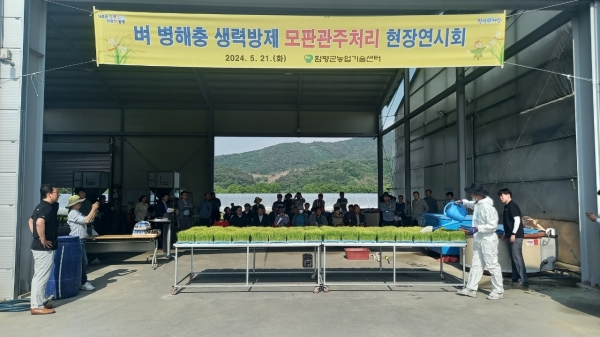 ▲모판관주처리 현장연시회 장면(사진제공=함평군)
