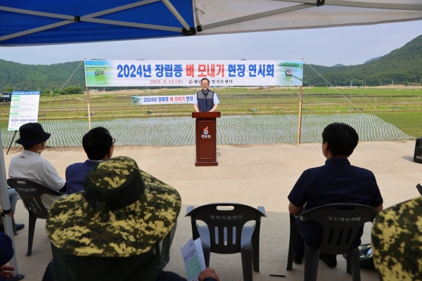 ▲지난 14일 해남군 현산면 고현리 일원에서 장립종 쌀 벼 모내기 현장 연시회가 열렸다.(사진제공=해남군)