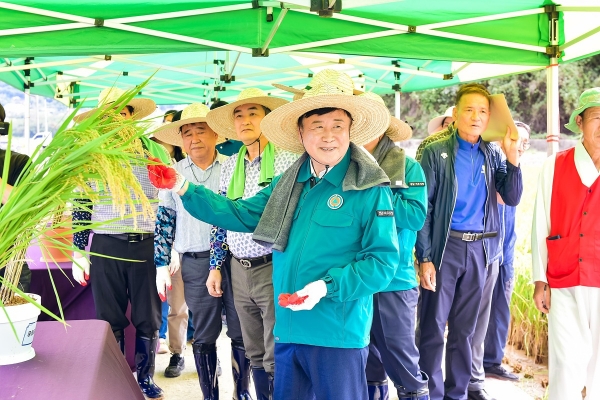 ▲여수시가 벼 수확에 앞서 지난 24일 화양면 백초마을에서 벼농사 종합평가회를 열어 한 해 작황을 평가·분석했다.(사진제공=여수시)