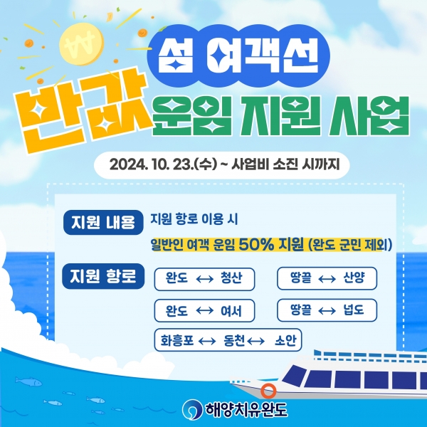 ▲완도군 섬 여객선 반값 운임 지원 사업 안내(사진제공=완도군)