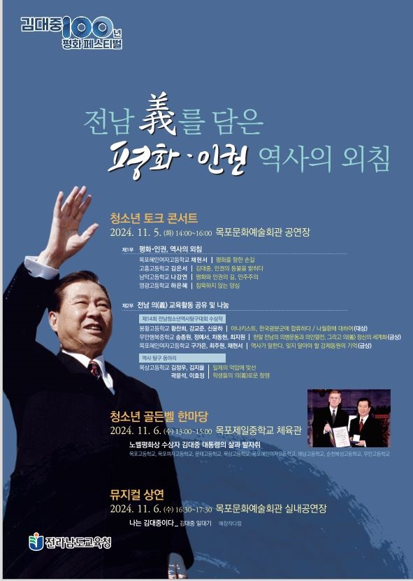 ▲‘김대중 100년 평화 페스티벌:청소년 평화·인권 문화축제’ 포스터(사진제공=전라남도교육청)