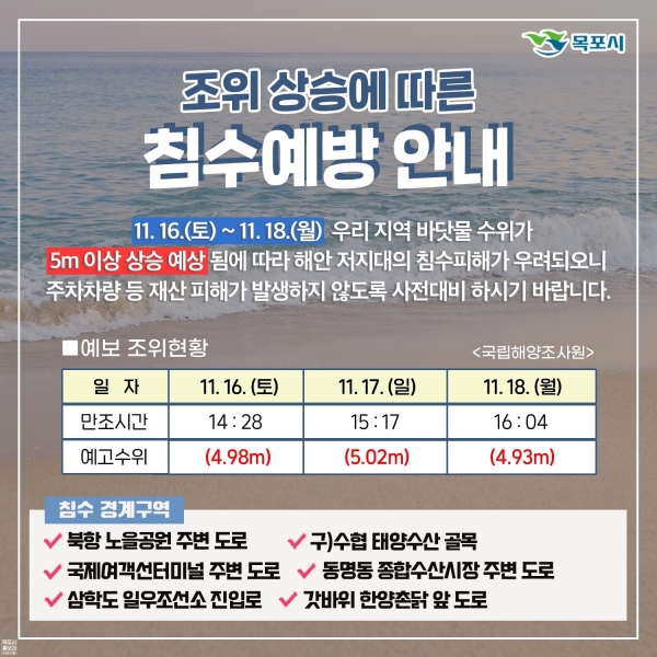 ▲목포시가 16일부터 18일 오후 조위상승예상으로 예방을 당부했다.(사진제공=목포시)
