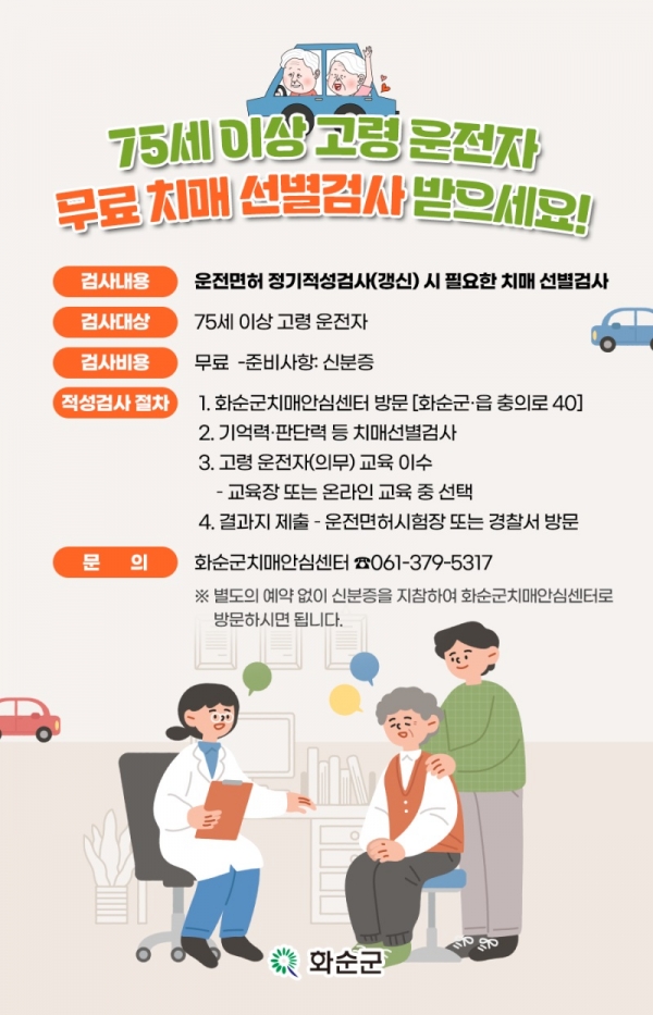 ▲75세 이상 고령운전자 치매선별검사 무료 지원(사진제공=화순군)