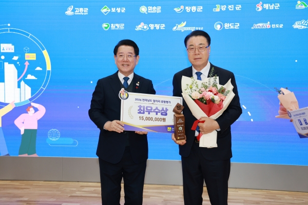 ▲화순군이 전라남도 일자리 창출 우수 시군 평가에서 2년 연속 최우수상 수상의 쾌거를 달성했다.(좌측부터 김영록 전남도지사, 우측 구복규 화순군수.사진제공=화순군)