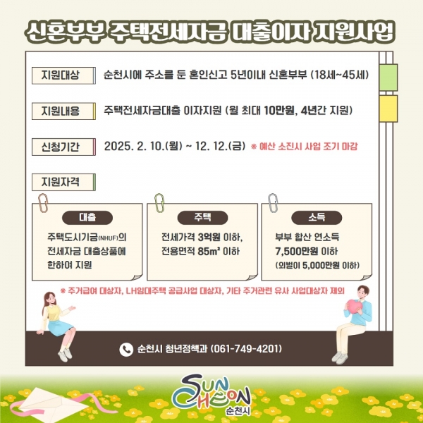 ▲순천시(시장 노관규)는 신혼부부 청년들의 주거비 경감을 위해 ‘신혼부부 주택전세자금 대출이자 지원사업’ 신규 대상자를 오는 10일부터 모집한다 (사진제공=순천시)