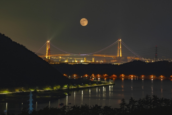 ▲이순신대교 위로 떠오른 장엄한 광양의 월(사진제공=광양시)